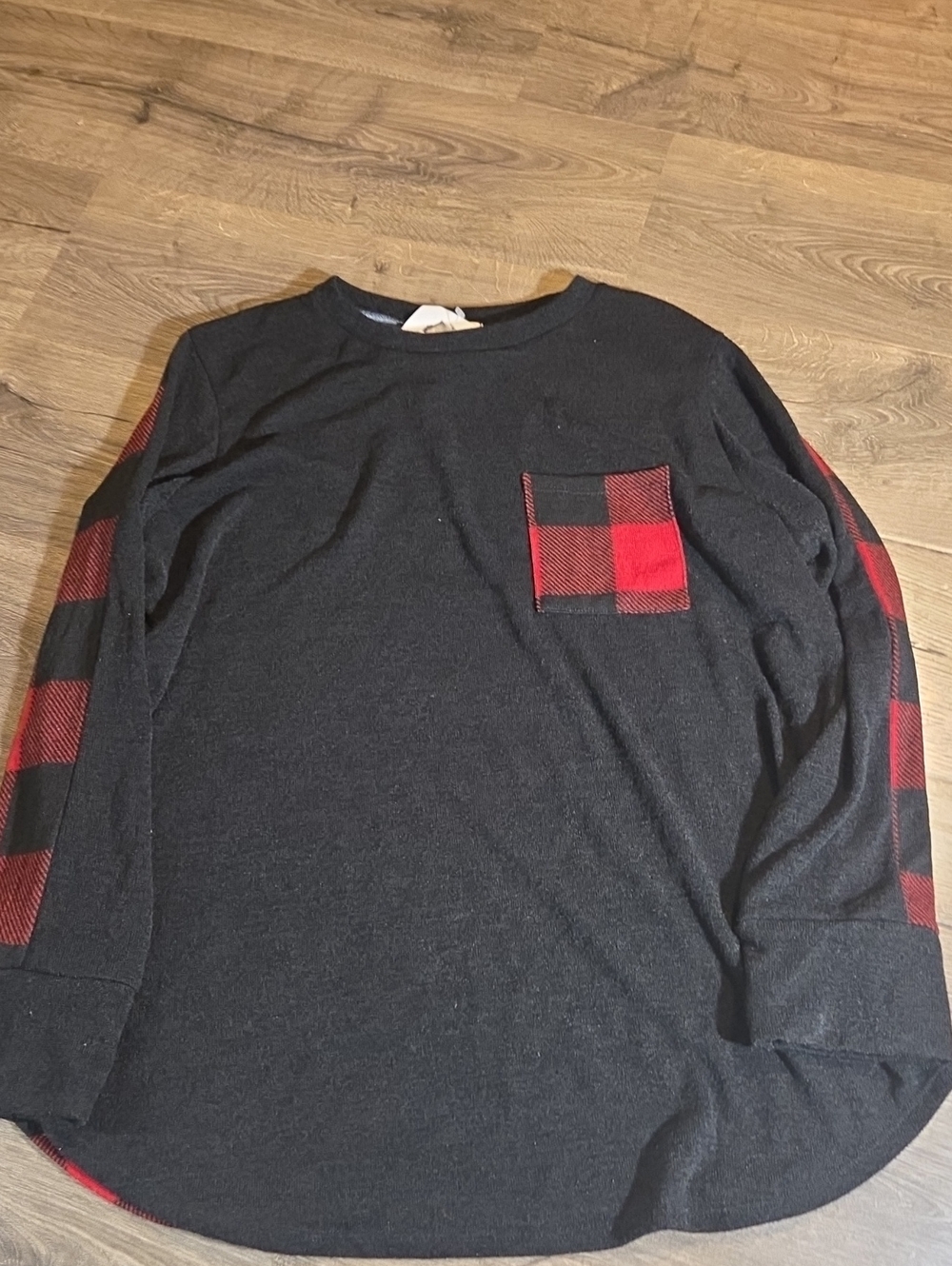 Sweet Love Black Long-Sleeve Shirt with Red Buffalo Plaid Accents